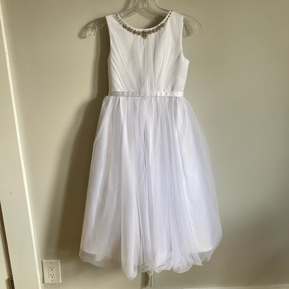 Joan Calabrese White Tulle Flower Girl Dress with Beaded Neckline